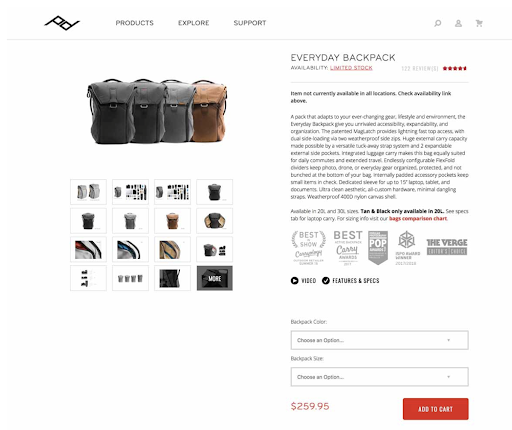 Página de inicio de Peak Design