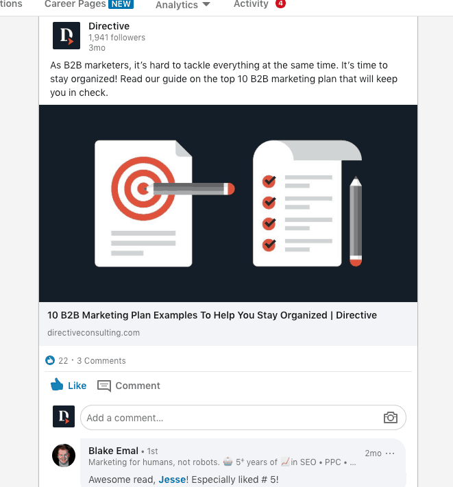 Снимок экрана публикации LinkedIn, где контент-маркетинг публикуется для просмотра подписчиками Директивы.