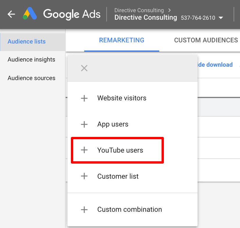 Zrzut ekranu pokazujący, jak skonfigurować remarketing dla użytkowników YouTube.