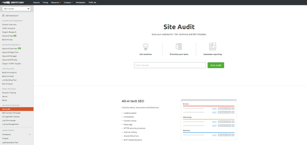 auditoría del sitio de semrush