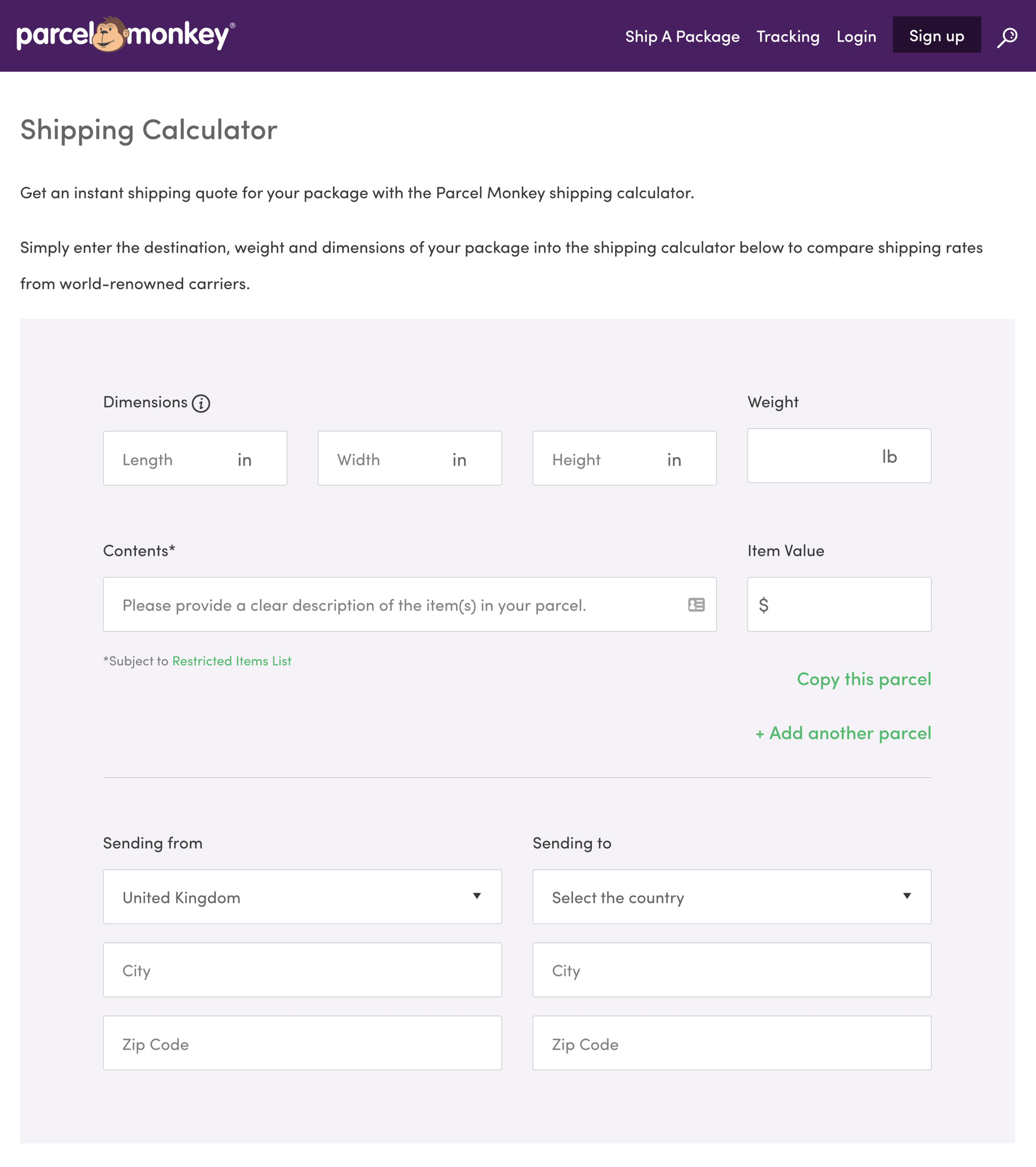 Calculator de livrare Parcelmonkey Parcelmonkey Shipping Calculator