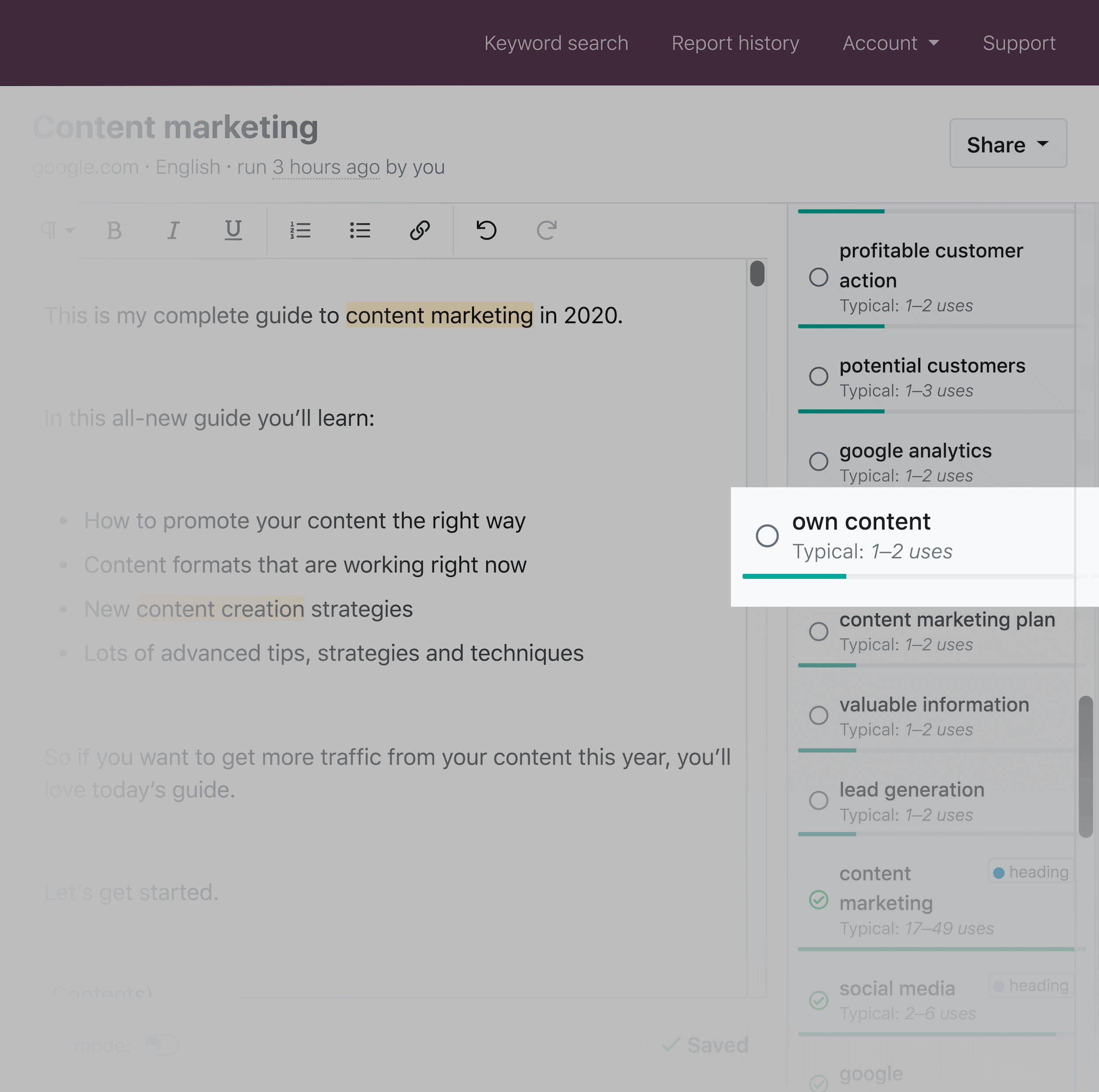 Clearscope - Backlinko - التقارير - الشريط الجانبي غير واضح Clearscope – Backlinko – Reports – Sidebar not clear