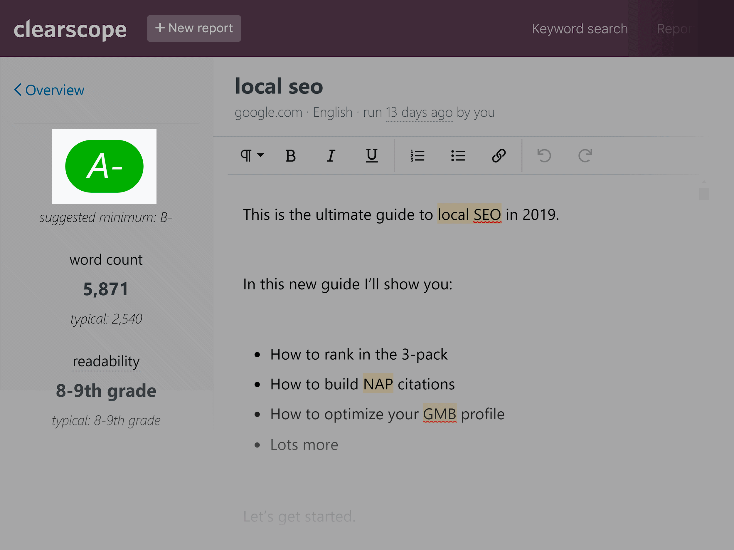 Clearscope - درجة الرسالة Clearscope – Letter grade