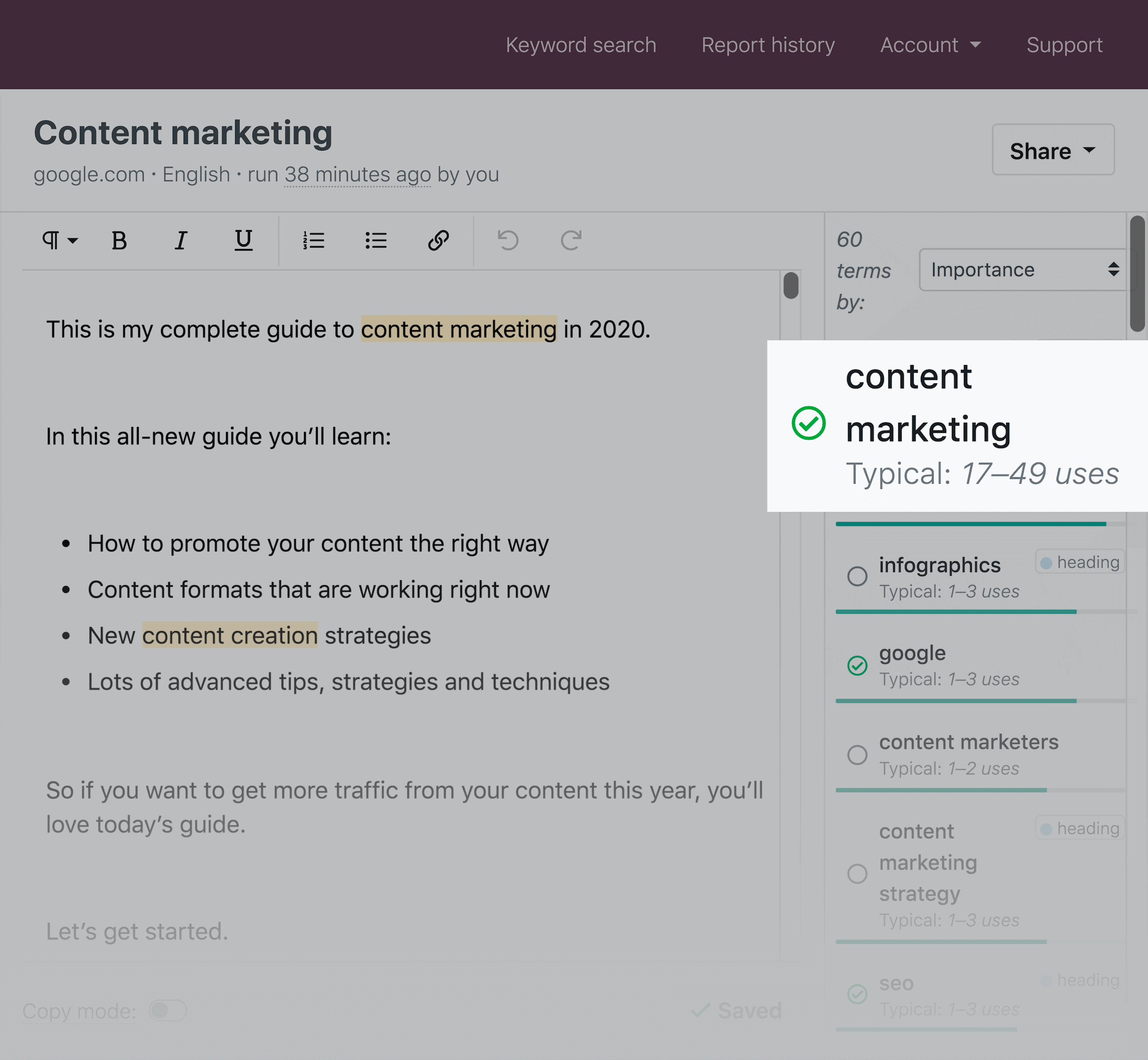 Clearscope - Backlinko - تحسين المحتوى - الصفحة الأولى - المحتوى المستخدم Clearscope – Backlinko – Optimize content – First page – Content used