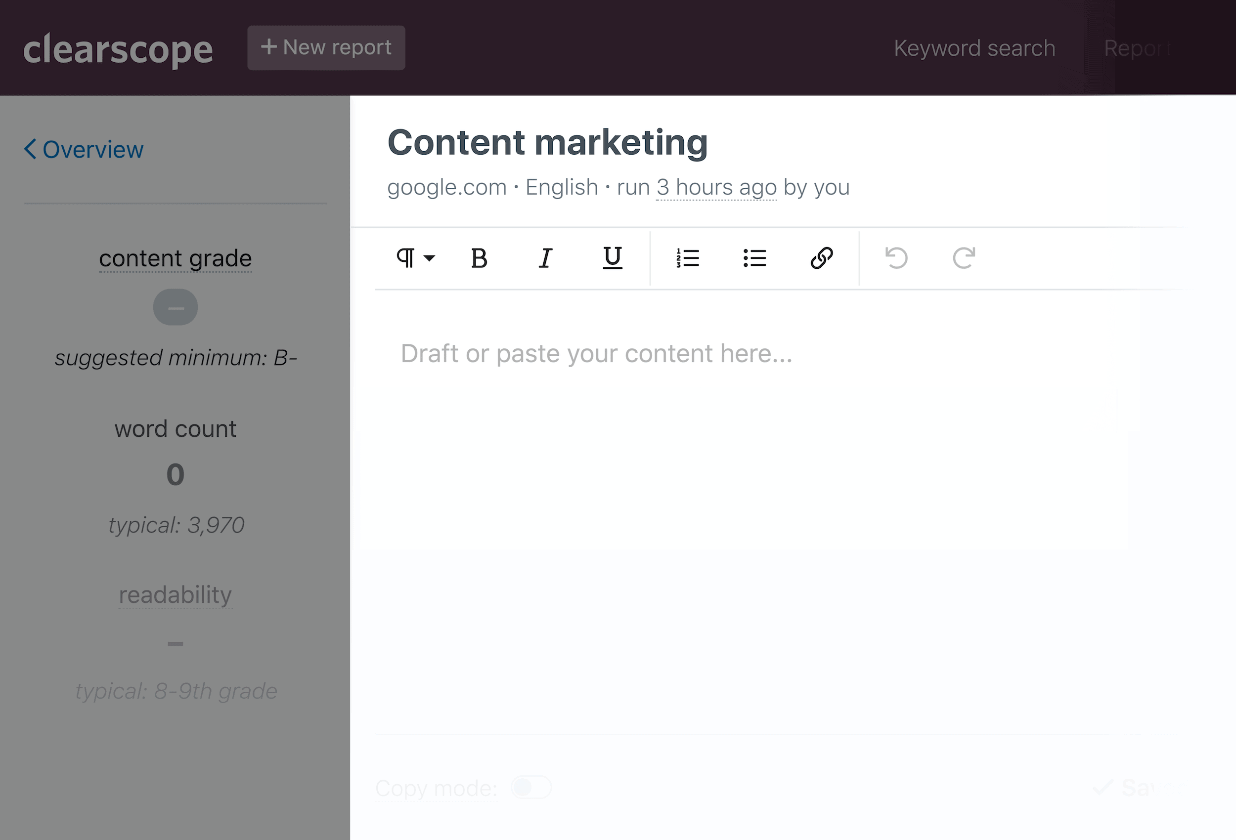 Clearscope - Backlinko - تقارير - تحسين - لصق Clearscope – Backlinko – Reports – Optimize – Paste