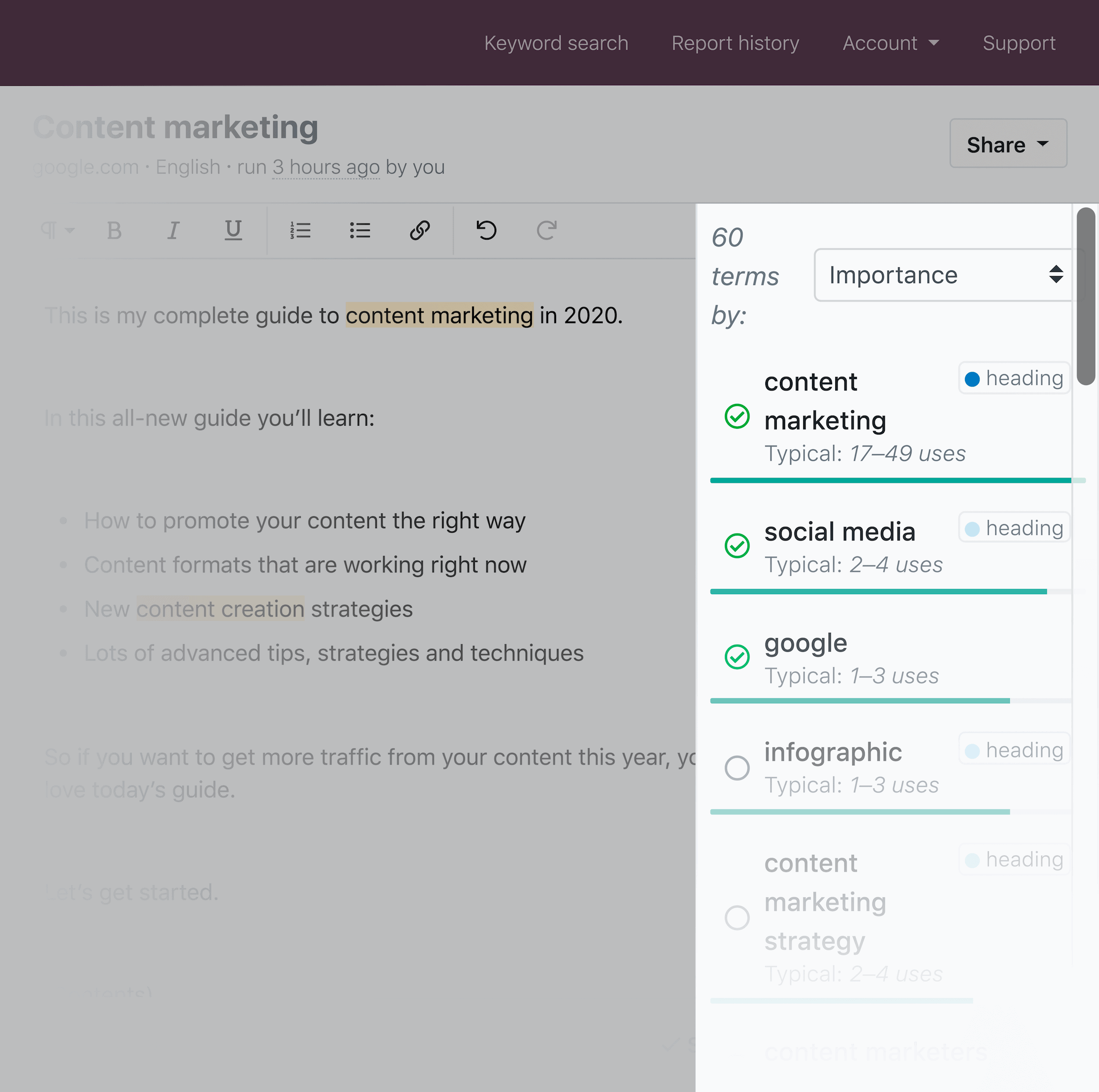 Clearscope - Backlinko - التقارير - الشريط الجانبي Clearscope – Backlinko – Reports – Sidebar