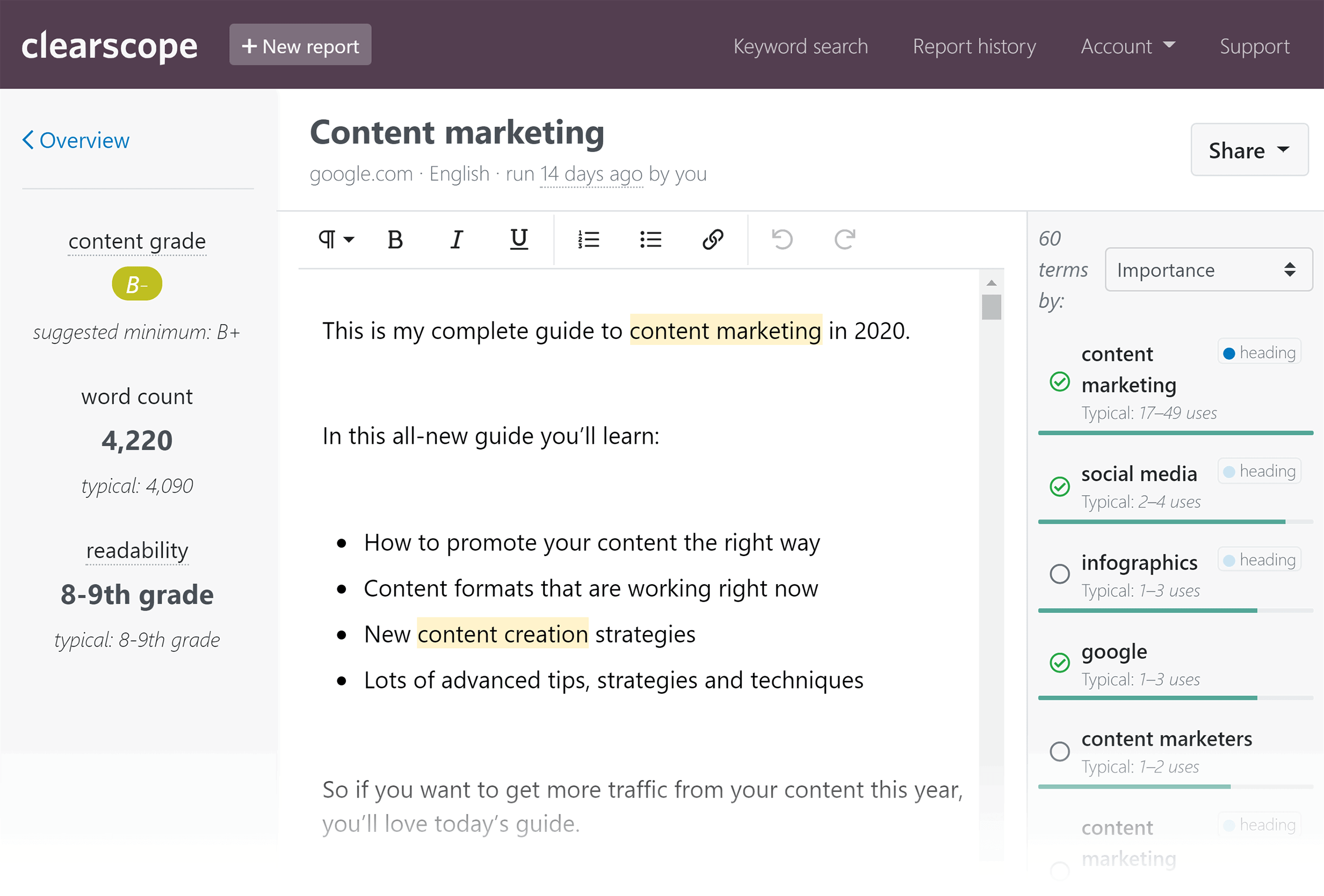 Clearscope - Backlinko - تحسين المحتوى - الصفحة الأولى Clearscope – Backlinko – Optimize content – First page
