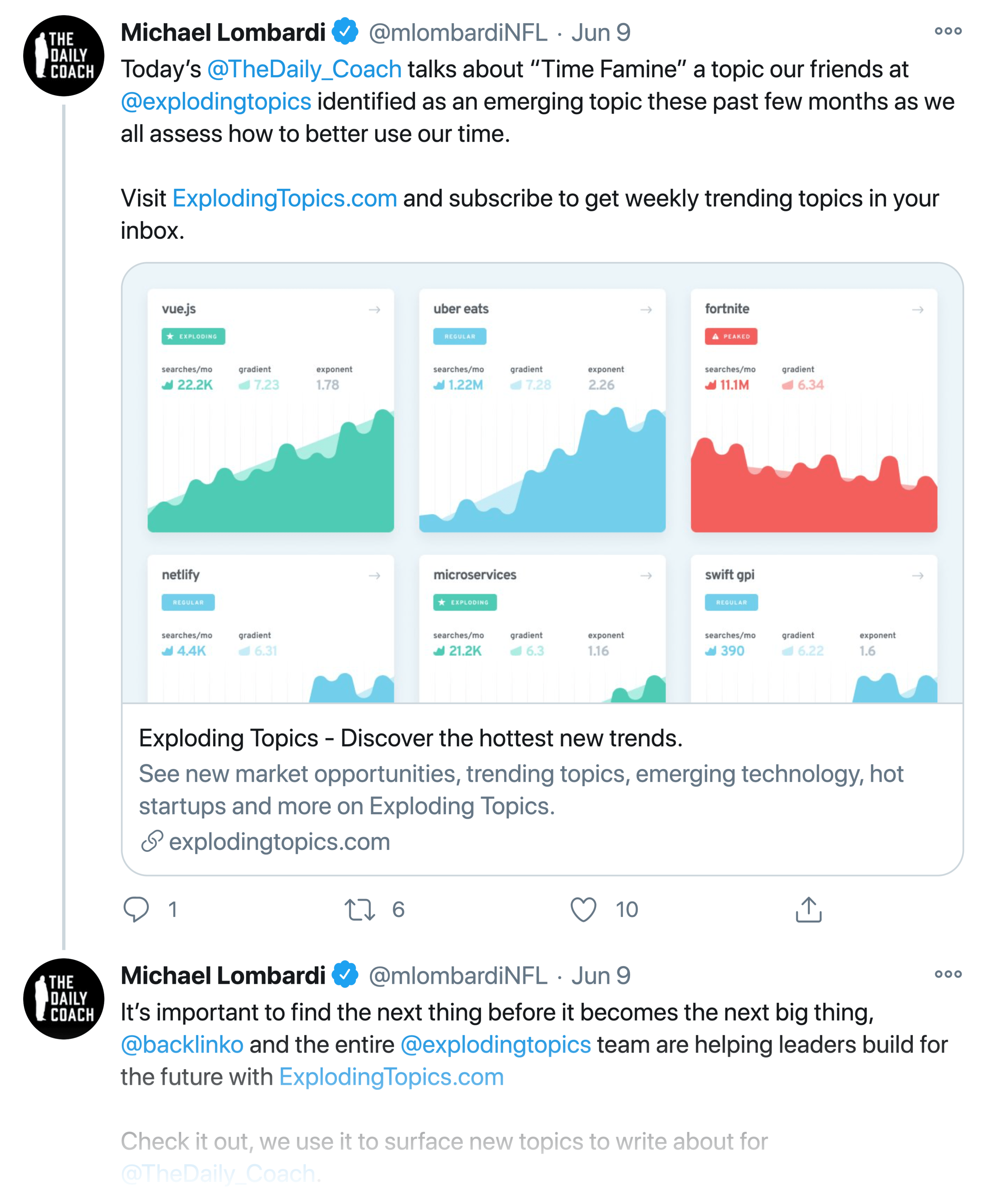 Майк Ломбарди - твит о взрывающихся темах Mike Lombardi – Tweet About Exploding Topics