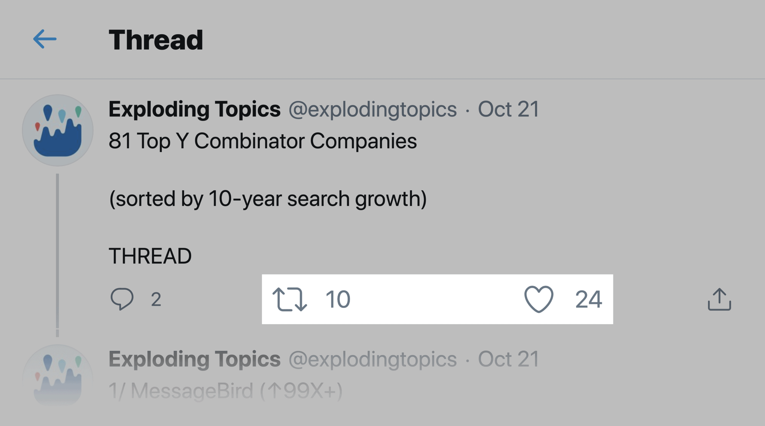 Exploding Topics – Top Y Combinator Companies Tweet Thread Engagement