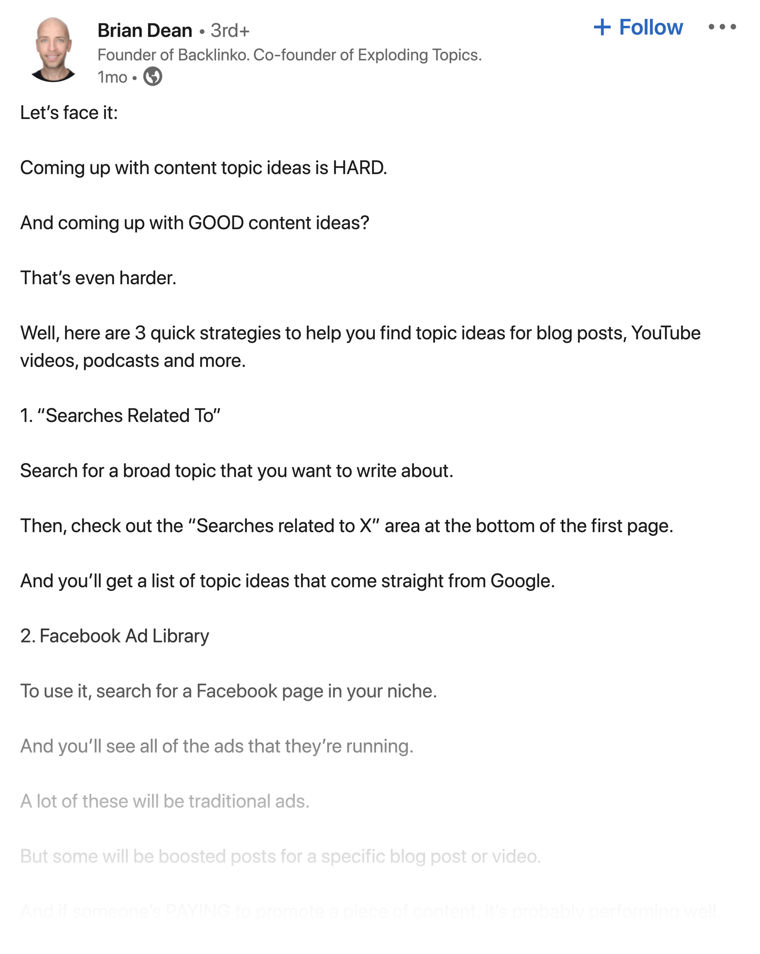 Брайан Дин - опубликовал на Linkedin 40 тысяч подписчиков Brian Dean – Linkedin Post Infront Of 40k Followers