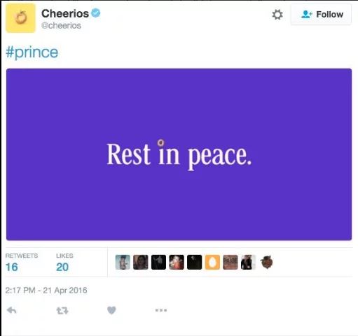 Cheerios enfurece a los fanáticos con un tweet sobre la muerte de Prince