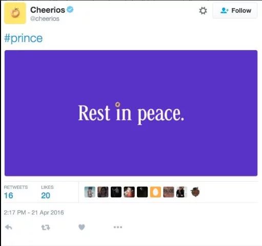 Cheerios irrita os fãs com um tweet sobre a morte do príncipe