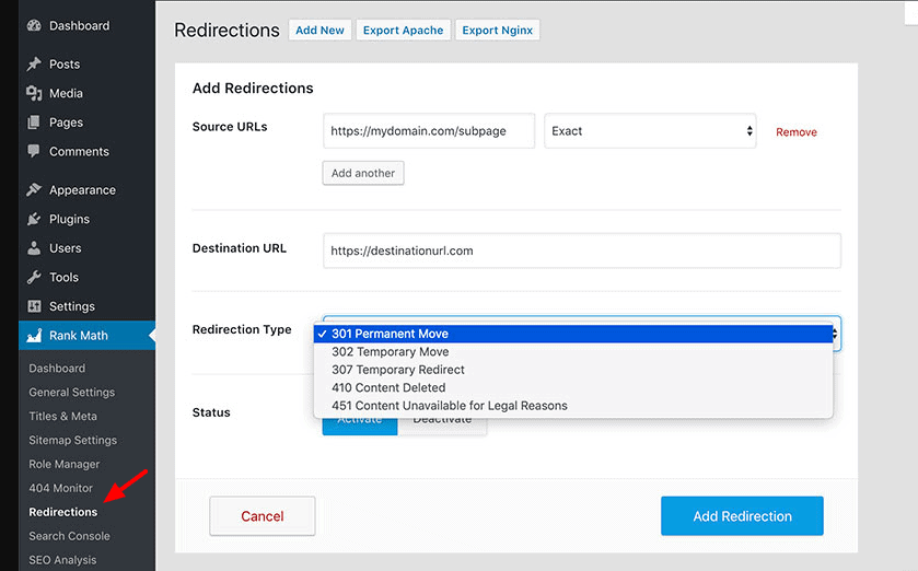RankMath redirect