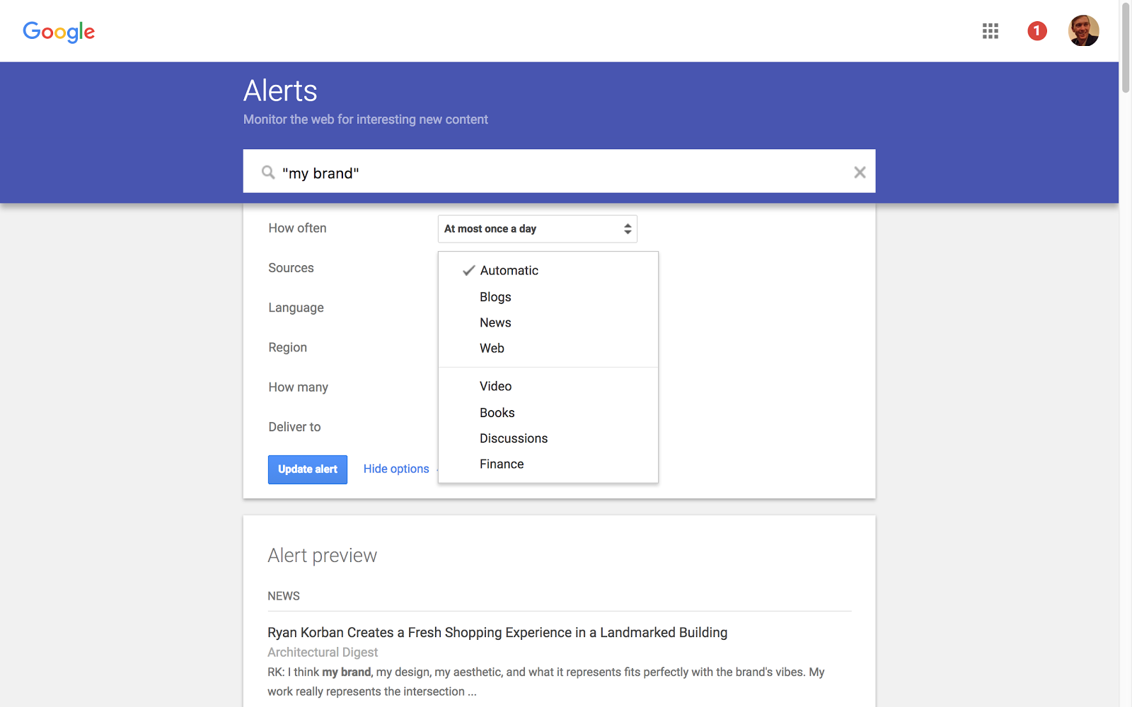 как настроить источники предупреждений Google