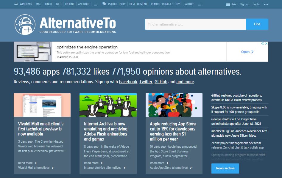 AlternativeTo Software Review Web Sitesi Ana Sayfasının Ekran Görüntüsü