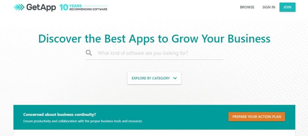 GetApp Yazılım İnceleme Web Sitesi Ana Sayfasının Ekran Görüntüsü