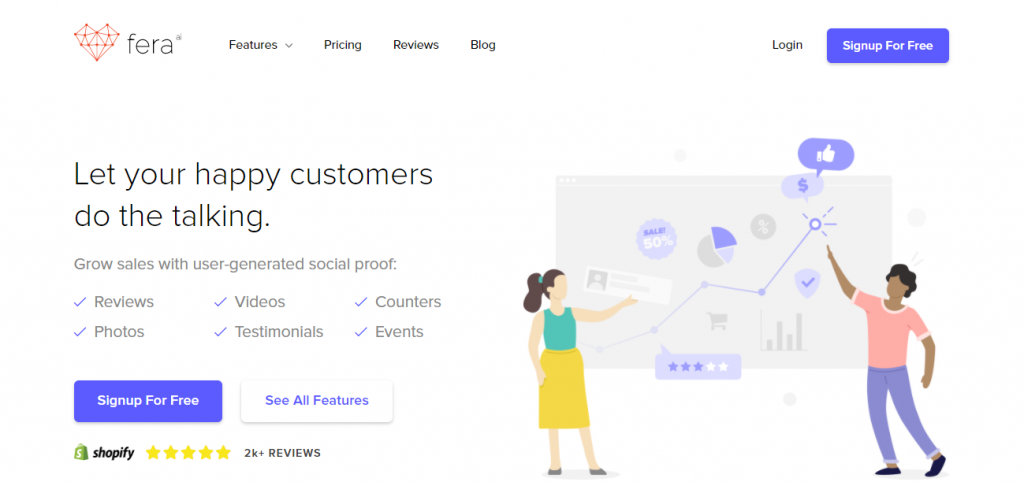 สกรีนช็อตของโฮมเพจแอป Fera Social Proof