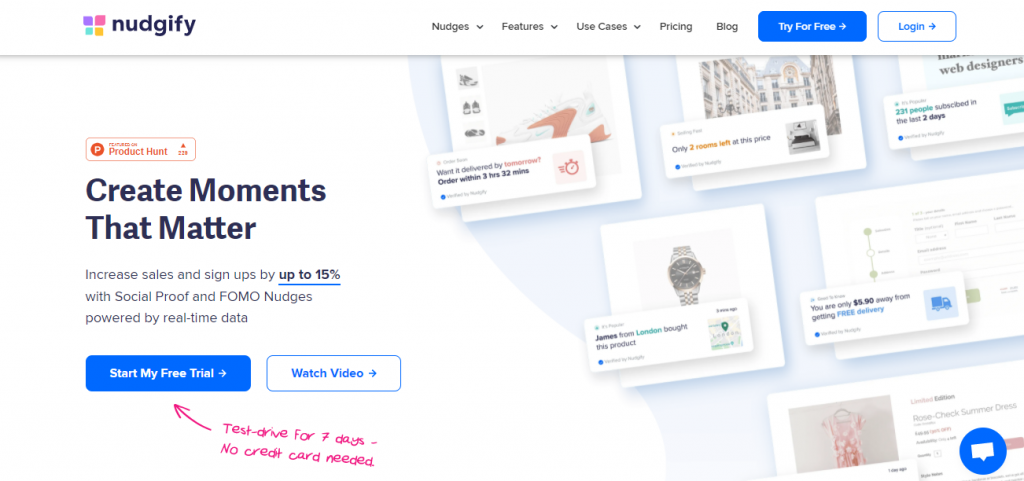 ภาพหน้าจอของหน้าแรกของแอป Nudgify Social Proof