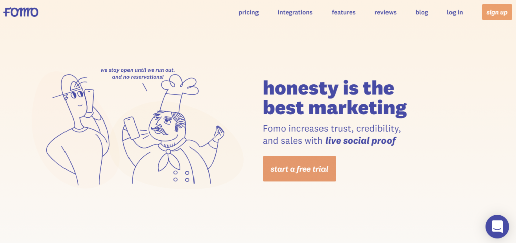 สกรีนช็อตของโฮมเพจแอพ Fomo Social Proof