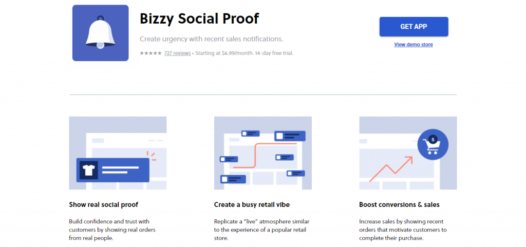 สกรีนช็อตของหน้าแรกของแอพ Bizzy Social Proof