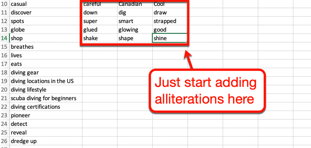 Hinzufügen von Alliterationen zur Excel-Tabelle