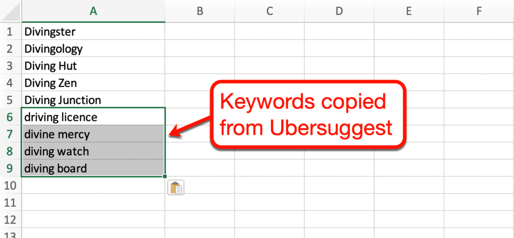 Schlüsselwörter nach Excel kopiert