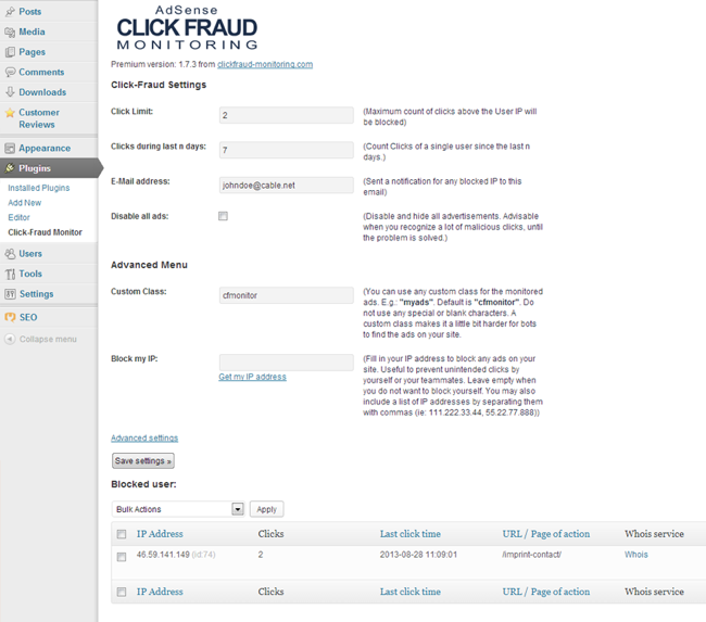 Plugin de surveillance Adsense click Frawd