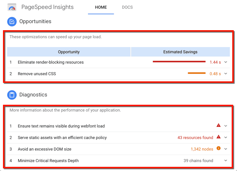 Recommandations PageSpeed ​​Insights