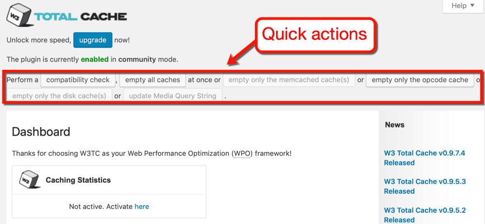 W3 Total Cache Quick Actions