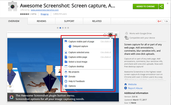 Extensión de Chrome de captura de pantalla impresionante