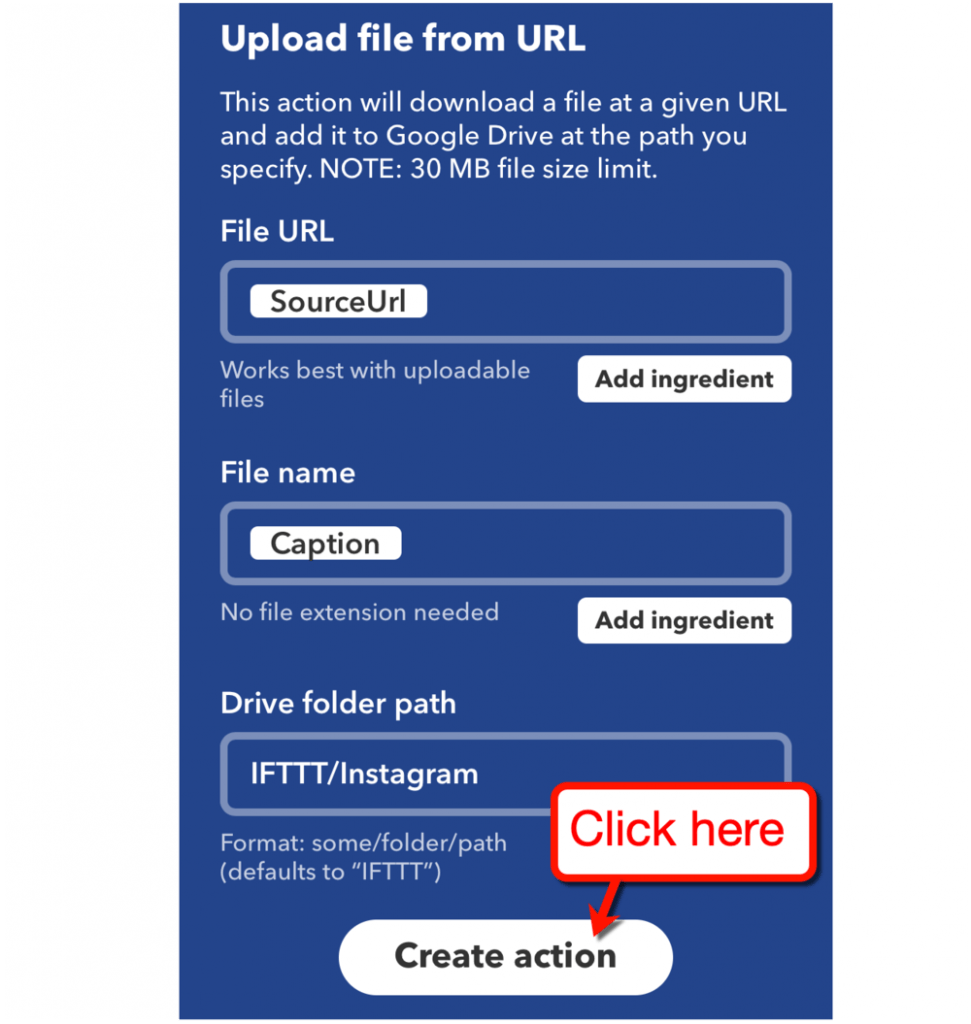 Configurarea Instagram către Google Drive