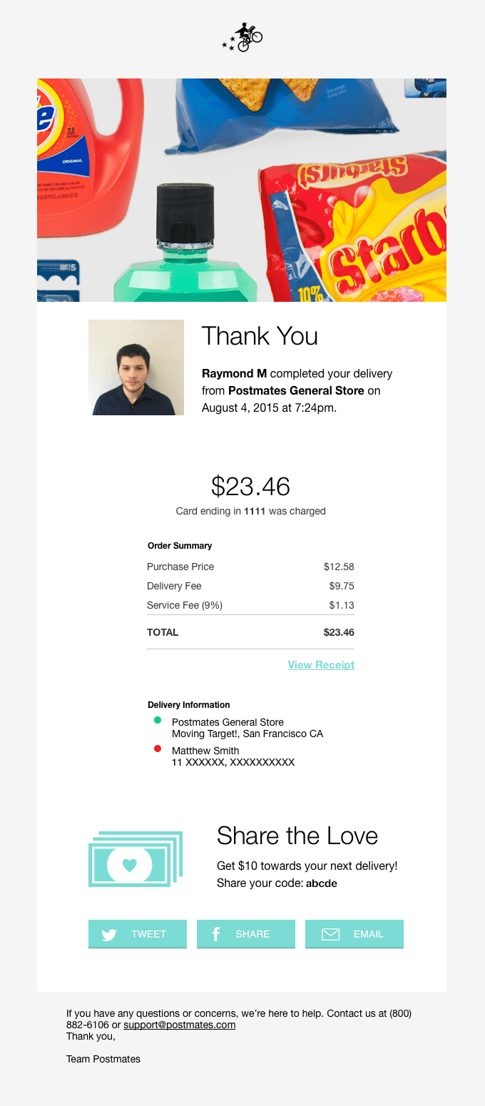 correos electrónicos transaccionales confirmación de entrega tienda general postmates