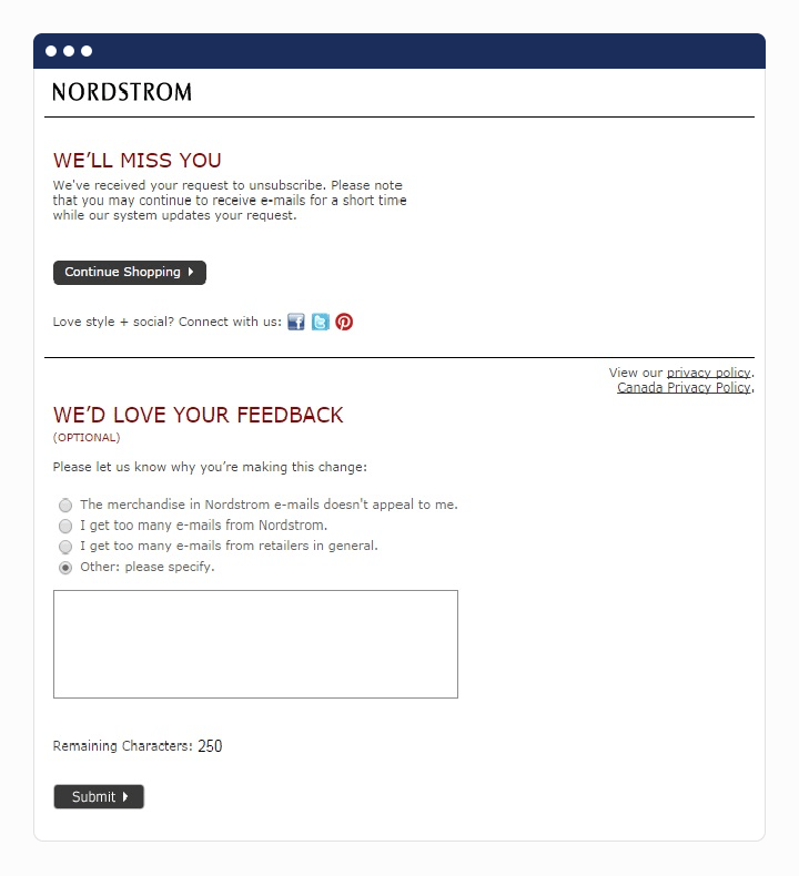 mejorar la capacidad de entrega del correo electrónico cancelar suscripción ejemplo de nordstrom