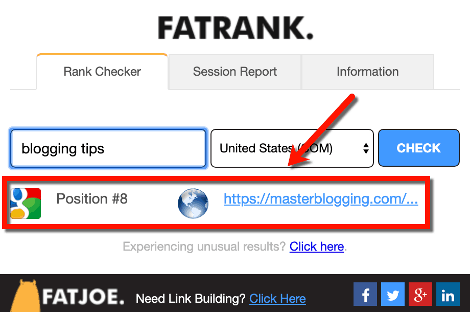 Risultati dell'estensione del browser FATRANK