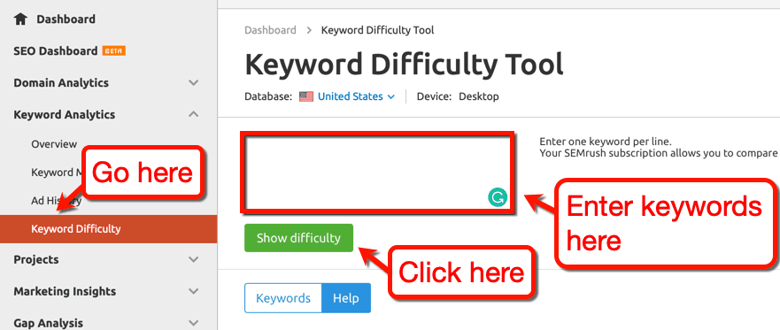 SEMrush Keyword Difficulty Tool