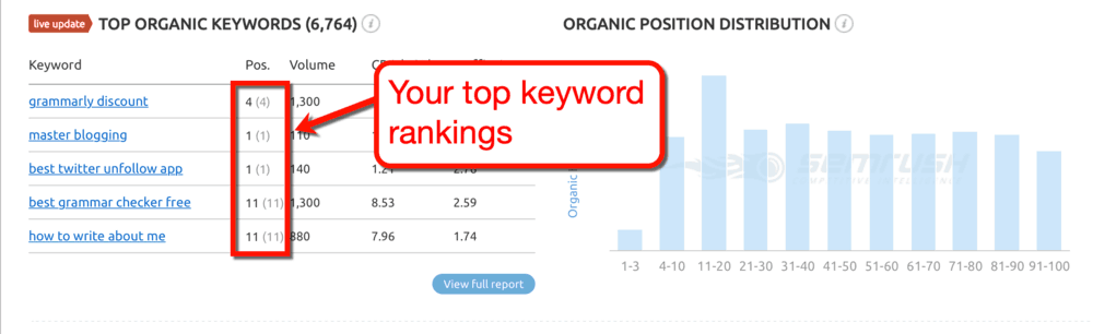 Présentation du domaine de classement SEMrush Top Keyword Rankings