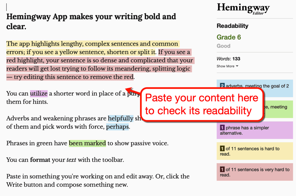 Interface utilisateur de l'application Hemingway