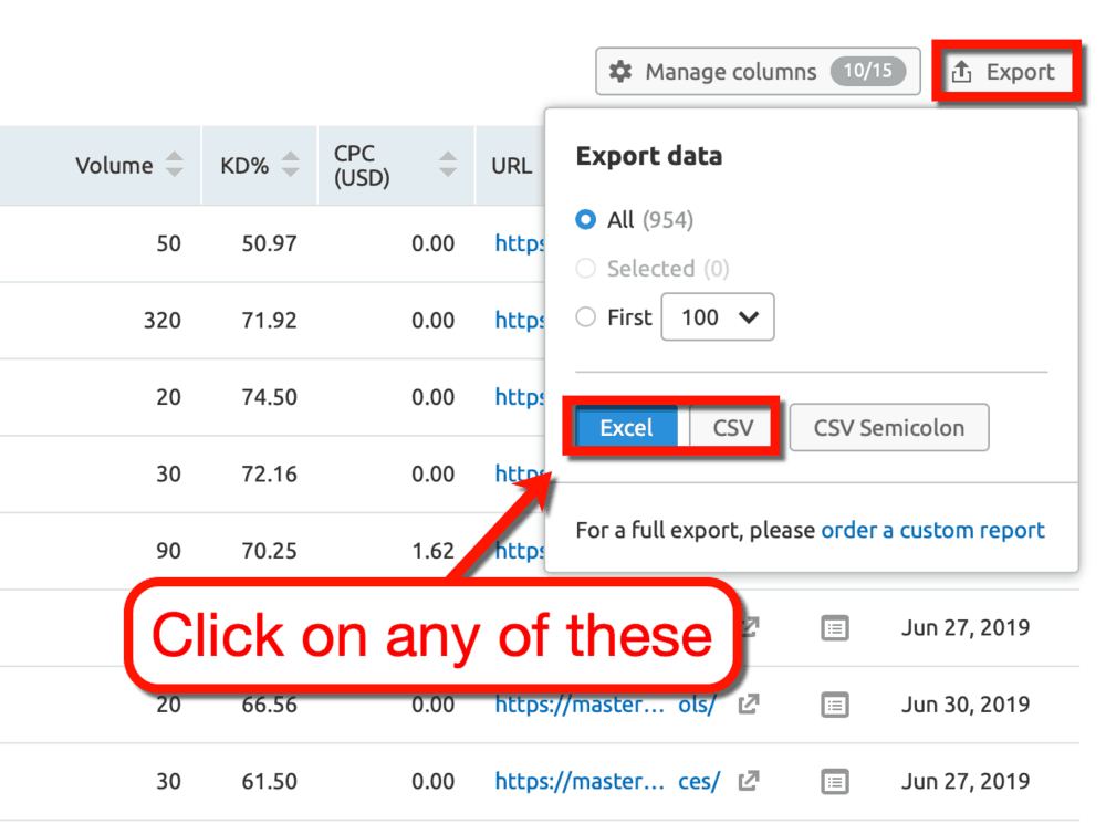Options d'exportation SEMrush