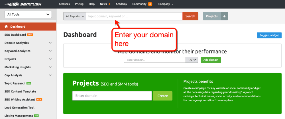 Page de démarrage SEMrush