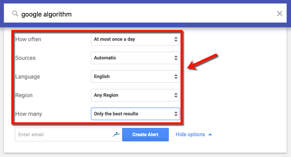 Options d'affichage des alertes Google