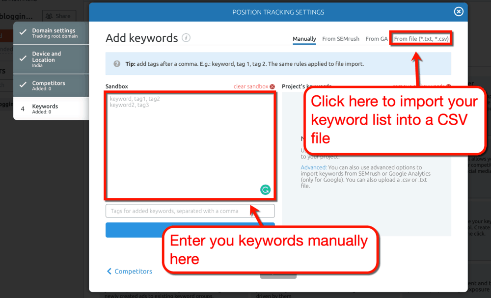 Paramètres de suivi de position SEMrush