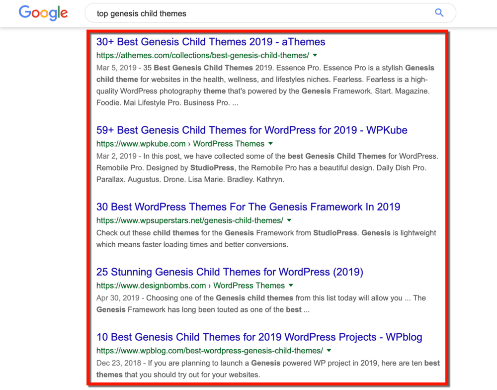 Thèmes enfants Google SERP Genesis