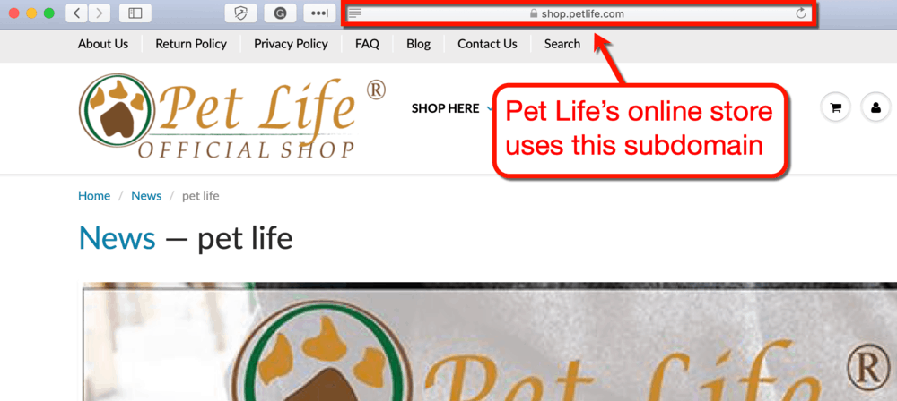 Sous-domaine Pet Life Shop