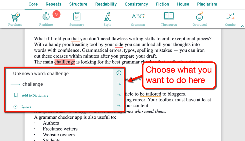 Menu contestuale di ProWritingAid