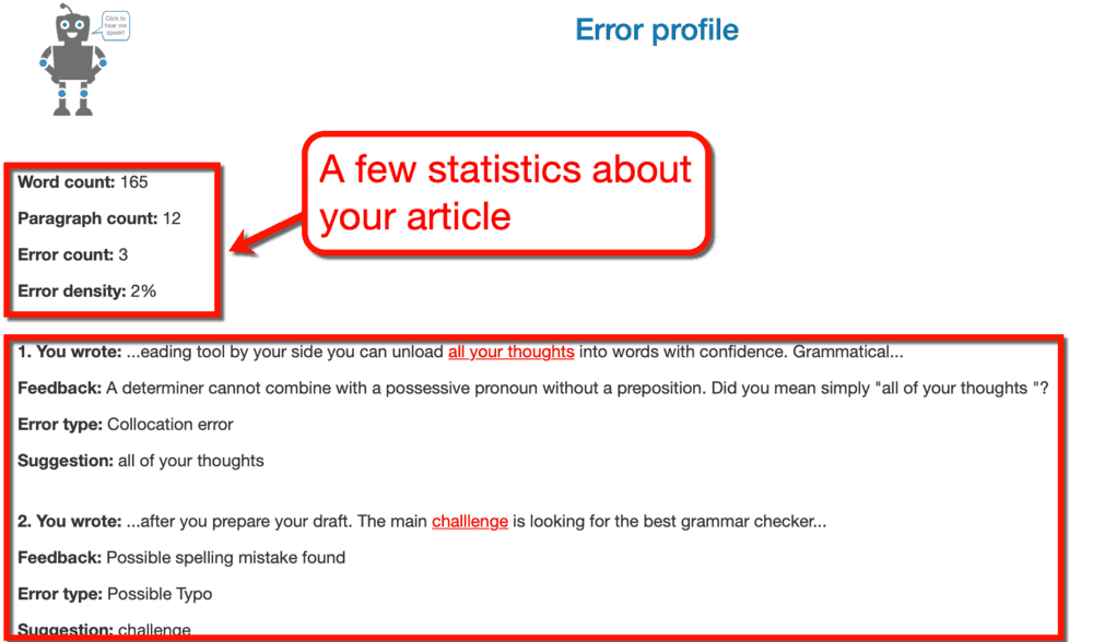 Statistiche del tutor di scrittura virtuale
