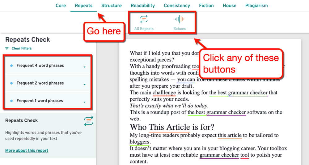Scheda ProWritingAid Repeats