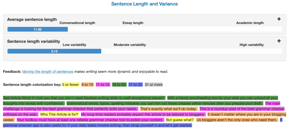 Lunghezza e varianza della frase del tutor di scrittura virtuale