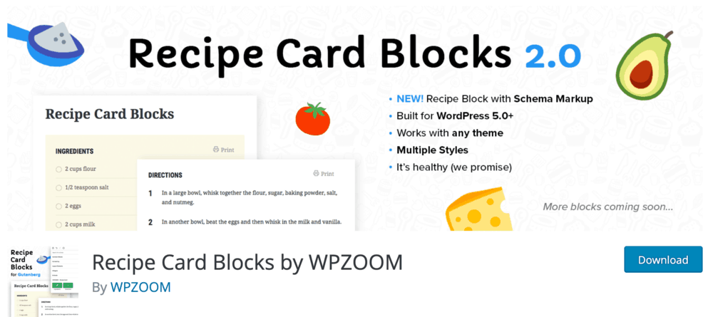 Página de complemento de WordPress de bloques de tarjetas de recetas