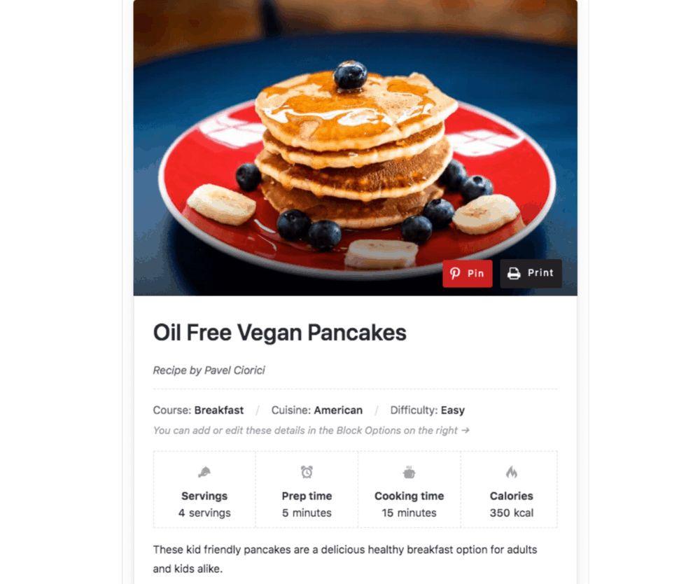 ภาพหน้าจอตัวอย่างของ Recipe Card Blocks