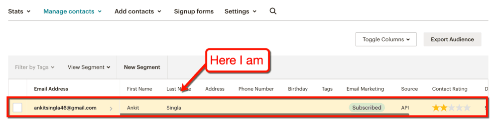 MailChimp การทดสอบการติดต่อใหม่